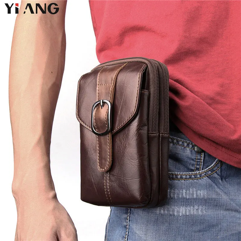 YIANG 2018 New Waist Belt Bag for Men Genuine Leather Mobile Phone Bags