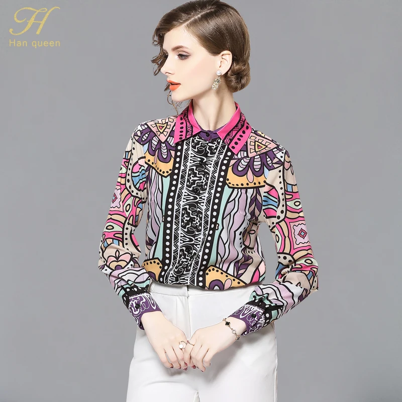 

H Han Queen Women Tops Vintage Geometry Printing Blouses Long Sleeve Shirt Work Casual Chiffon Blouse 2018 Autumn Blusa