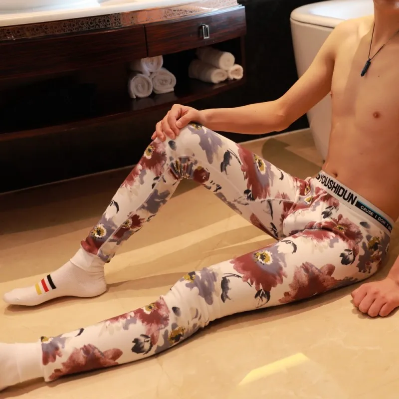 Men Print Long Johns Plus Velvet Mens Warm Pants Elastic Line of Men's Fashion Cotton Sexy Underwear Tight Legging Long Johns 4