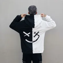 Hoodies Sweatshirts Men Color Block Black White Patchwork Smile Print Male Hoodie Hip Hop Streetwear Men Clothes 2018 Hoodie