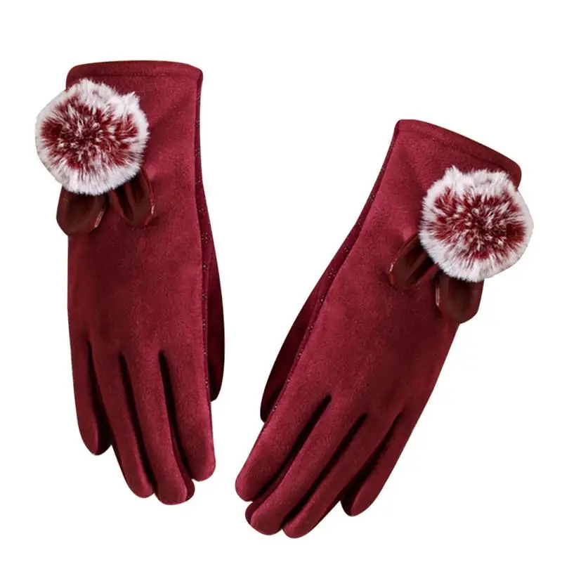 Новые зимние женские кружевные теплые модные элегантные мягкие черные перчатки шаровые шерстяные варежки двойной толстый сенсорный экран для женщин перчатки для вождения - Цвет: Red