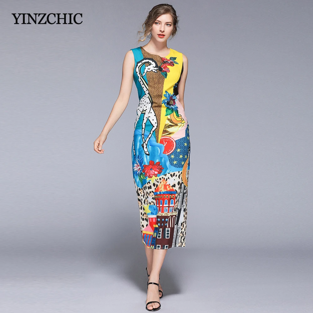 

Summer New Womans Print Dress O-neck Female Slim Mid Party Dress OL Work Pencil Dresses Sleeveless Furcal Vest Dresses Woman