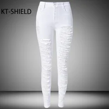 Fashion ripped Destroyed women boyfriend Jeans High Waist summer skinny Female Pencil pants Elastic Denim Full Length Jeggings