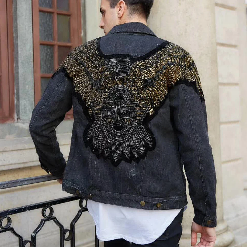 

Casual Hip Hop Baseball Collar Fashion Men's Hip Hop Denim Jacket Eagle Printed Broken Hole Beads Eagle Jeans Gold Stage Jacket