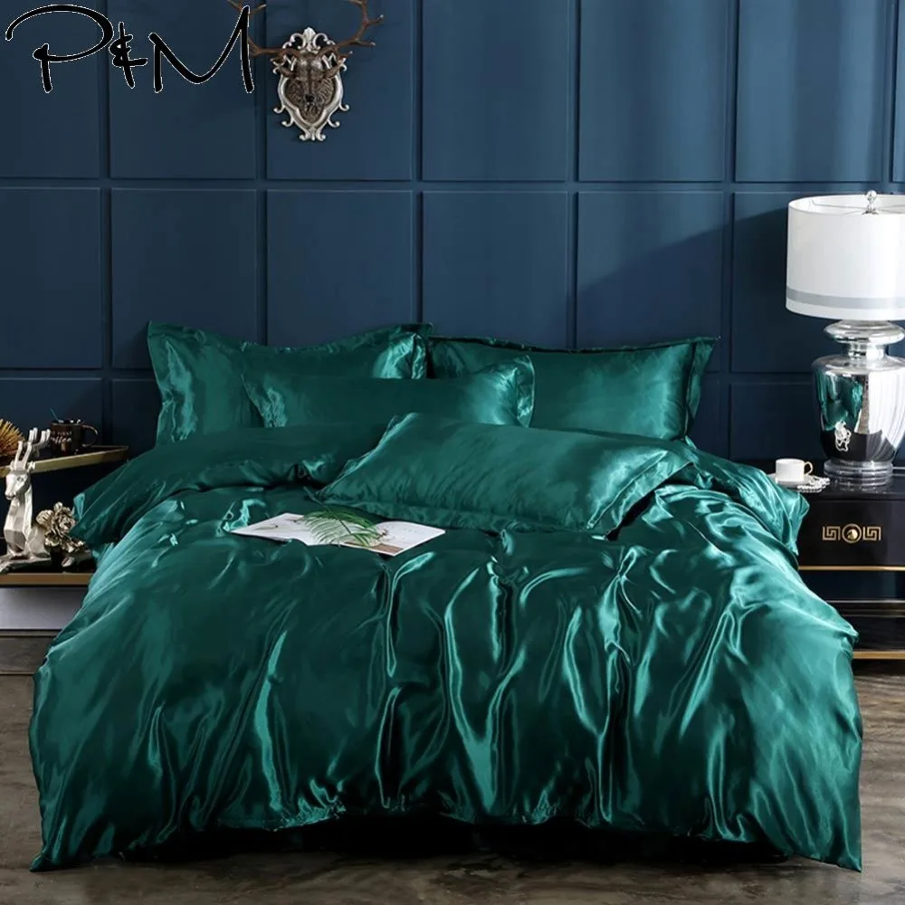 

2019 PAPA&MIMA Dark Green Solid Bedlinens Satin Silk Feeling Microfiber Bedding Set 3/4pcs Twin Queen King Duvet Cover Set