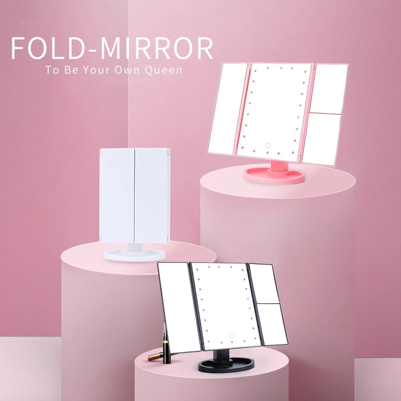 22 LEDs Folding Makeup Mirror Touch Screen 2X 3X Magnifying Vanity Mirror Table Desktop Makeup Cosmetic Tri-Folded Mirror Lights 8