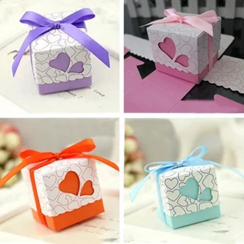 

50pcs Love Heart Small Laser Cut Gift Candy Boxes Wedding Party Favor Candy Bags With Ribbon Decor DTT88