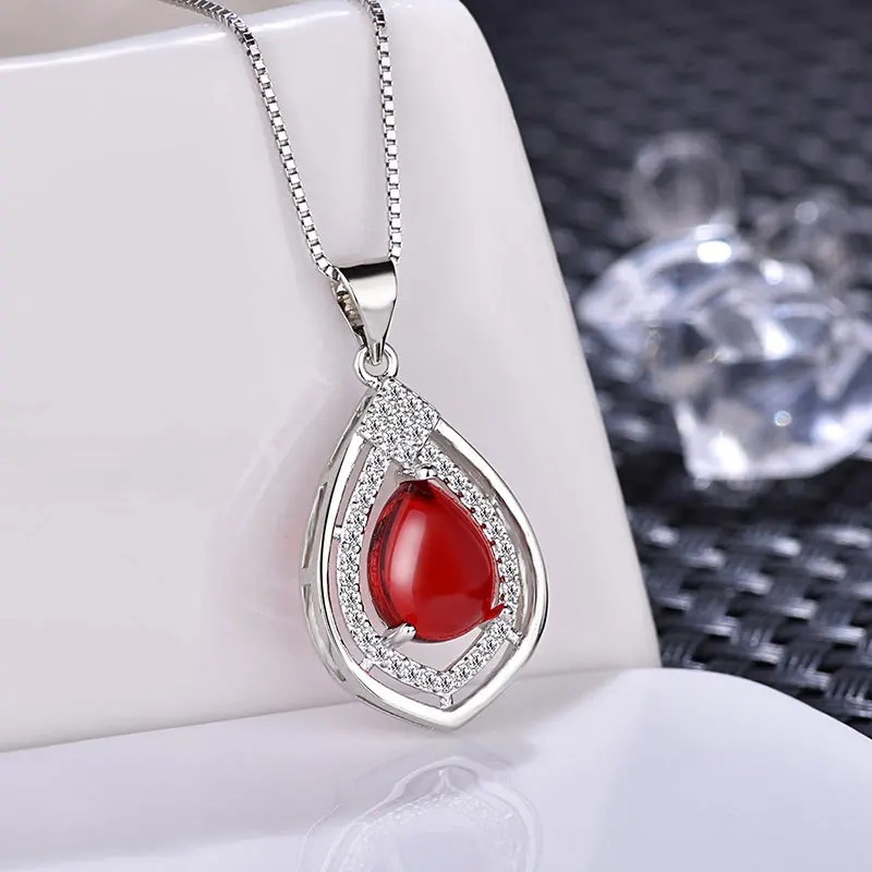olowu Fashion 925 Sterling Silver Pendant Necklace Pure Silver Natural Stone Red or Green Chalcedony Necklaces Jewelry With CZ (2)