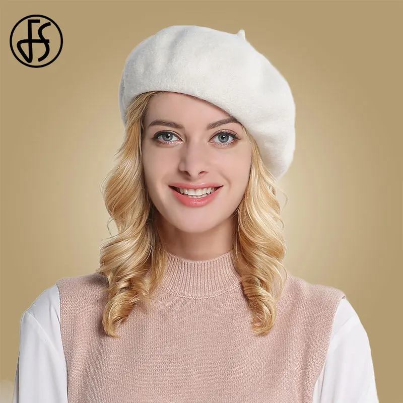 

FS Women Hats Wool Solid Color Beret Cap Warm Winter Girl French Artist Berets Femme Beanie White Pink Lady Hat