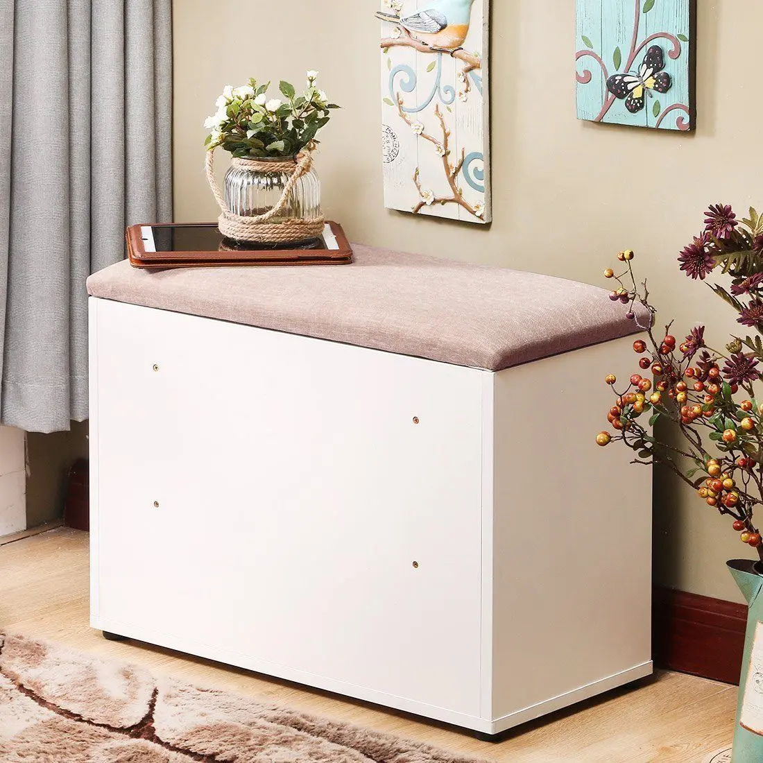 Hall Entryway Storage Bench 2-Tier Shoe Storage Cabinet Linen Top Sofa Style New