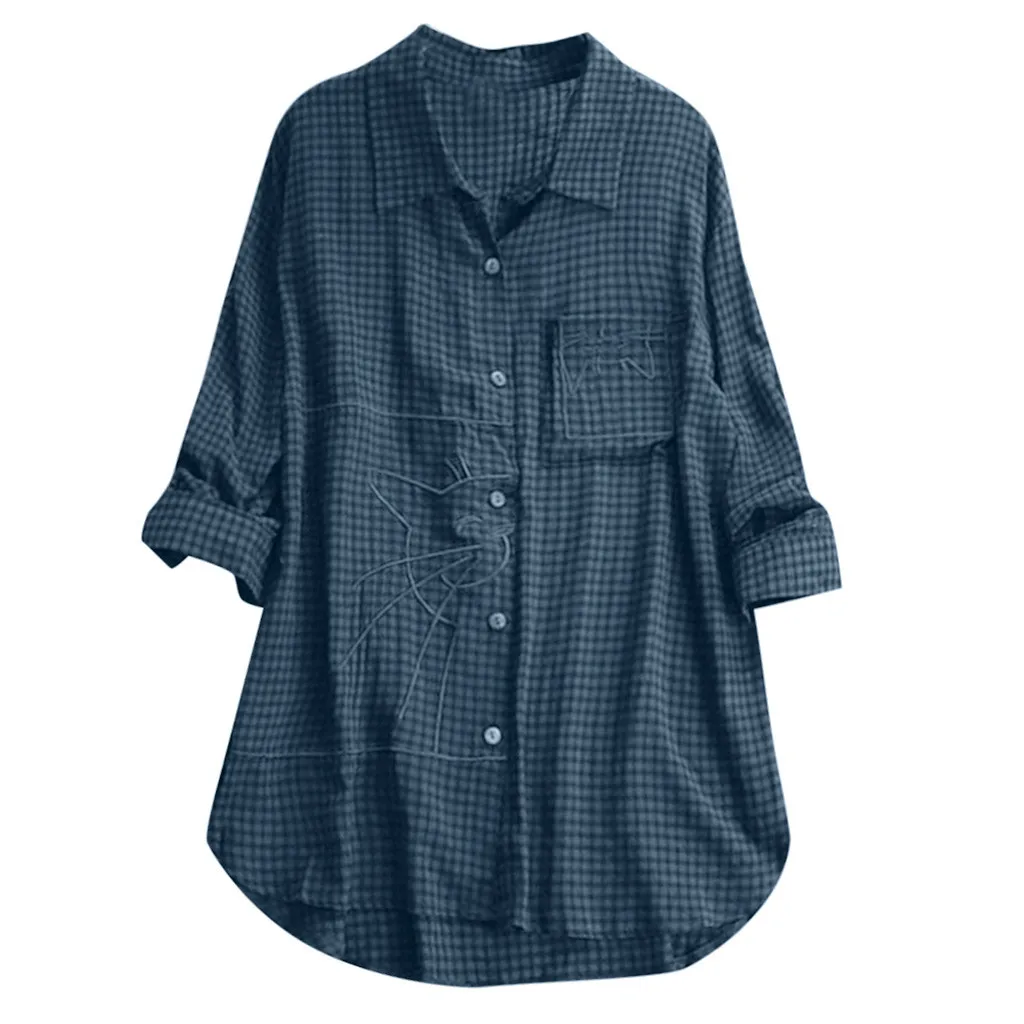 Милая женская блузка с вышивкой размера плюс, повседневные свободные топы с длинными рукавами, туника, блузка, рубашка, женская рубашка большого размера - Цвет: Синий