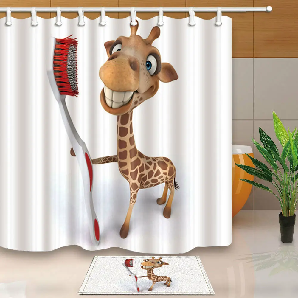 Cute Giraffe with Snow Pine Trees Fabric Bath Shower Curtains Assorted Sizes 
