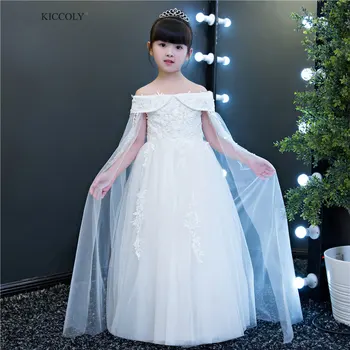 

2018 New Fashion Autumn Shoulderless Hand Applique Seam Flower Girl Dress +Shawl Kids White Embroidered Wedding Ball Gowns 4-14T