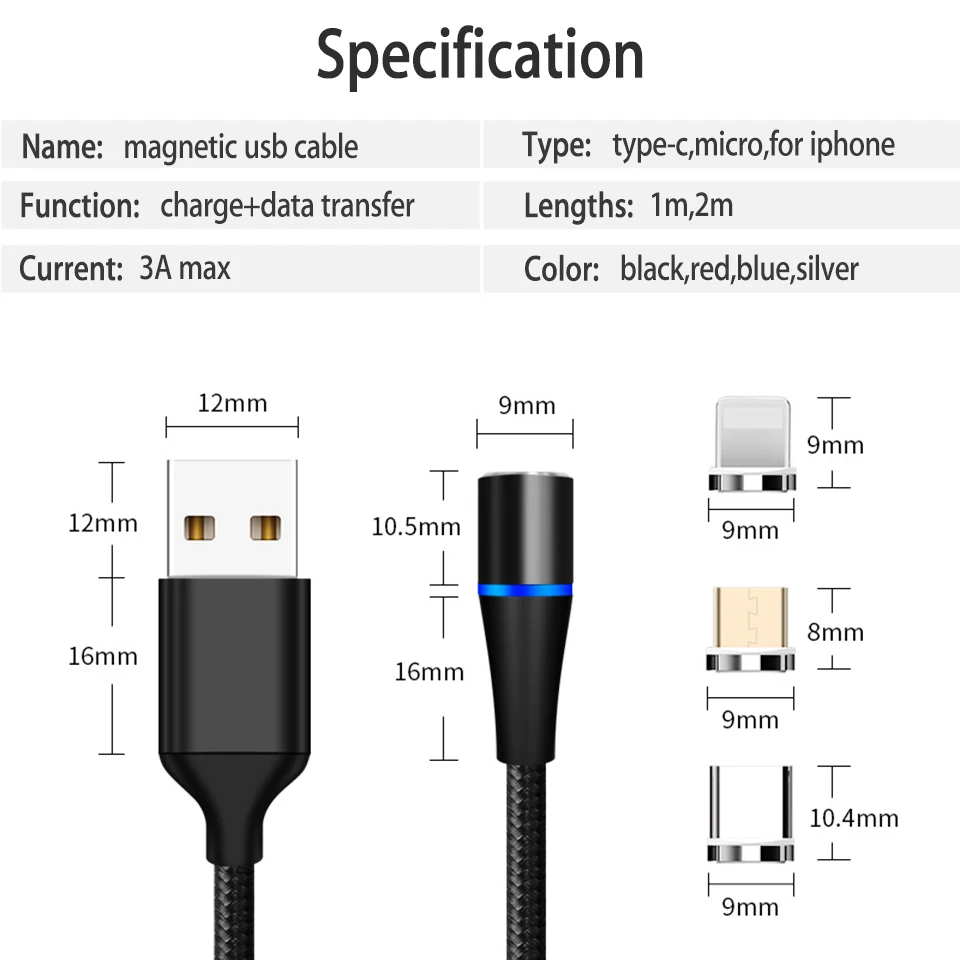Магнитный зарядный кабель 3 А Usb Type C для быстрой зарядки Huawei Honor 20 Pro P30 8S 20i 10i Xiaomi 2 м