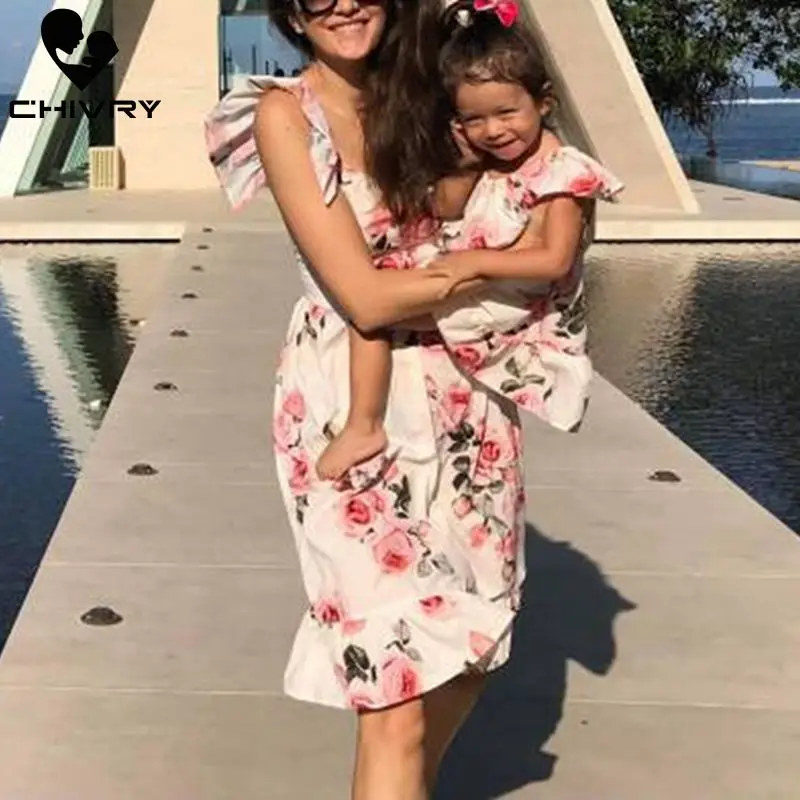 

Chivry New Mother Daughter Dresses Sleeveless Patchwork Floral Ruffles Dress Mom and Daughter Sundress Family Matching Clothes