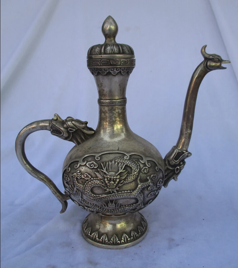 

Collectible Decorated Old Handwork Tibet Silver Carved Dragon Style Teapot/Flagon Free shipping 000013