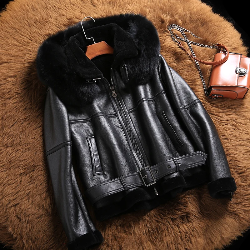 AYUNSUE/куртка из натуральной кожи; шубы из овечьей шерсти; коллекция года; зимняя куртка для женщин; воротник из лисьего меха; натуральная овчина; MY3701