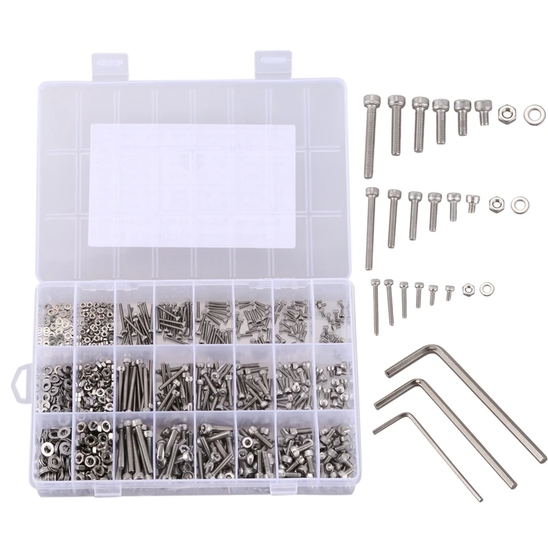 

1080pcs Stainless Steel Screw And Nut Hex Wrenches Flat Washer Assortment Set Kit With Storage Box