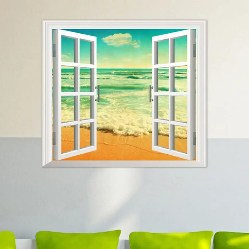 нарисованное окно на стене дома. окно обманка. роспись стен море. декоративный пролом в стене. имитация окна на стене.