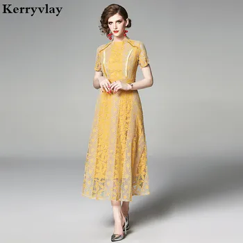 

New Summer Retro Yellow Lace Dress Zomerjurk Dames 2020 Elegant Women Midi Party Dress Sommerkleid Beyaz Elbise Jurkjes K6649