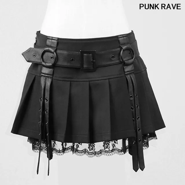 Gothic sexy mini black lace pleated skirt fashion bandage decoration ...