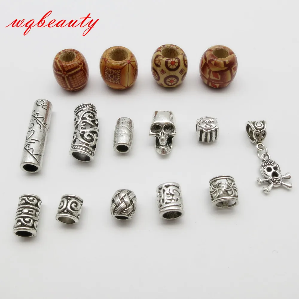 

15Pcs/Lot mix wooden metal skull hair braid dread dreadlock beads rings cuffs tube for Styling Accessories