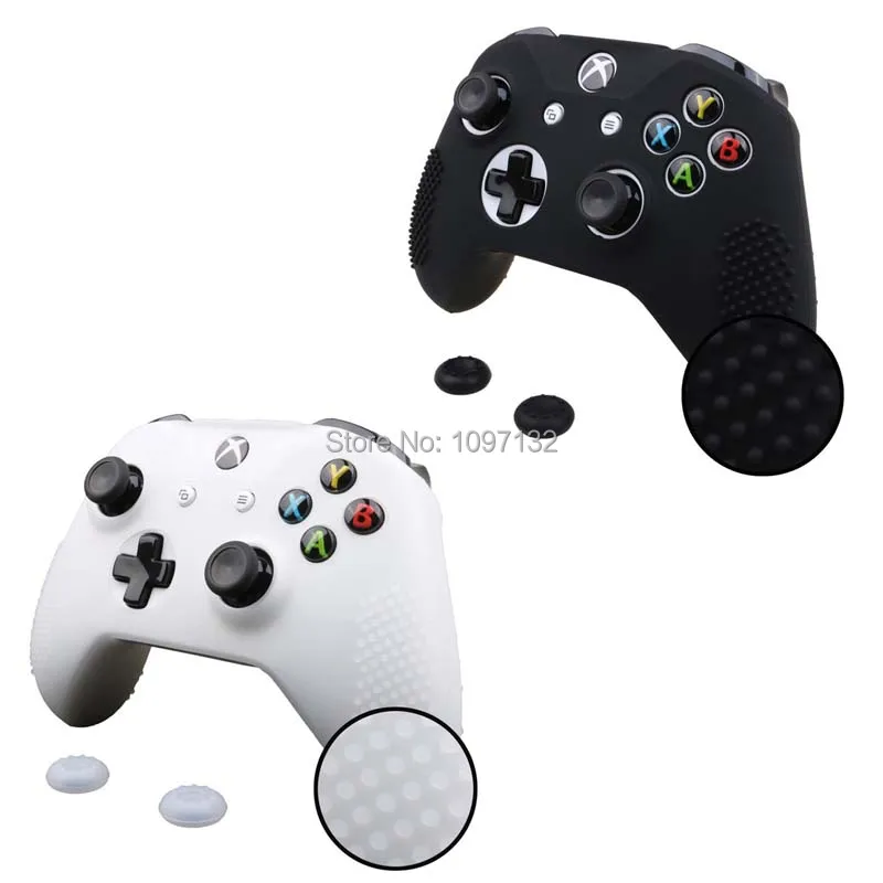 Anti-slip Silicone Rubber Cover Skin Case for XBox One S Slim Controller with 2 Thumbsticks Caps (2)