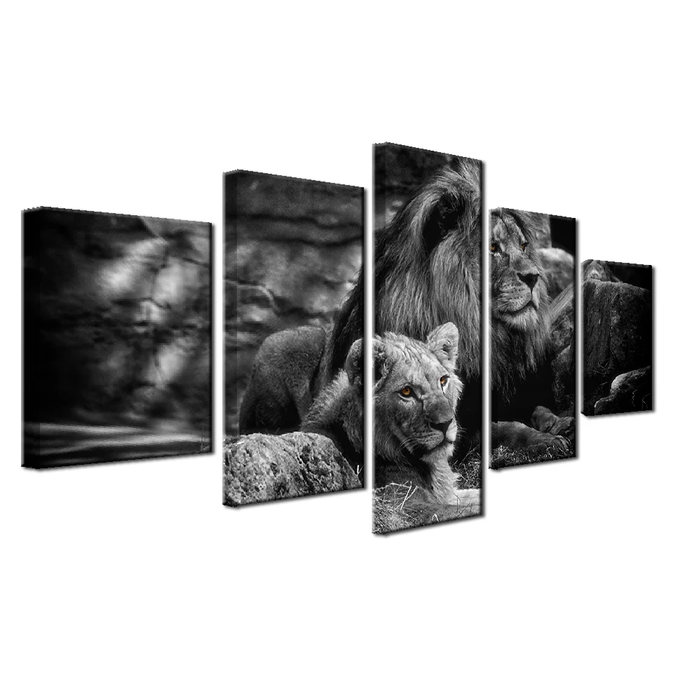 Модульная холст стены искусство напечатаны плакат Декор для дома рамка 5 шт. черный, белый цвет фотографии животных Король леса картина львы