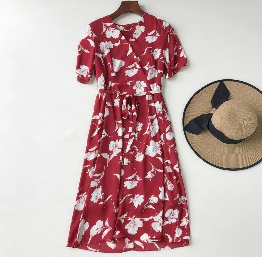 

Vintage Red Floral Print Dress Fastening Tie Front Women Dresses Casual Midi Vestido