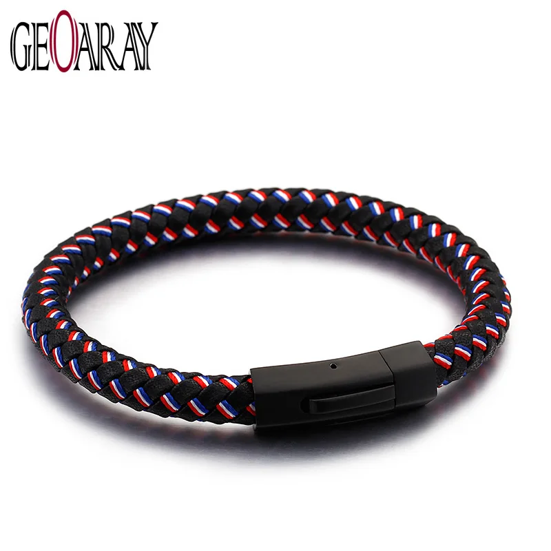 Geoaray Men's Tough Lattice Leather Bracelet Cool Charm Bracelets&ampBangle Stainless Steel Clasp Fashion Personalised Jewelry |