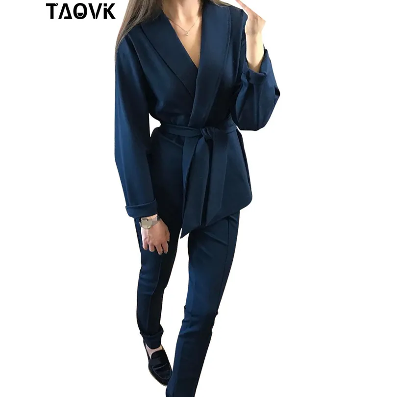 TAOVK مكتب سيدة بانت الدعاوى المرأة مجموعات حزام سترة أعلى و سروال شكل قلم رصاص اثنين من قطعة وتتسابق فام فرقة Pantsuit الربيع 2019