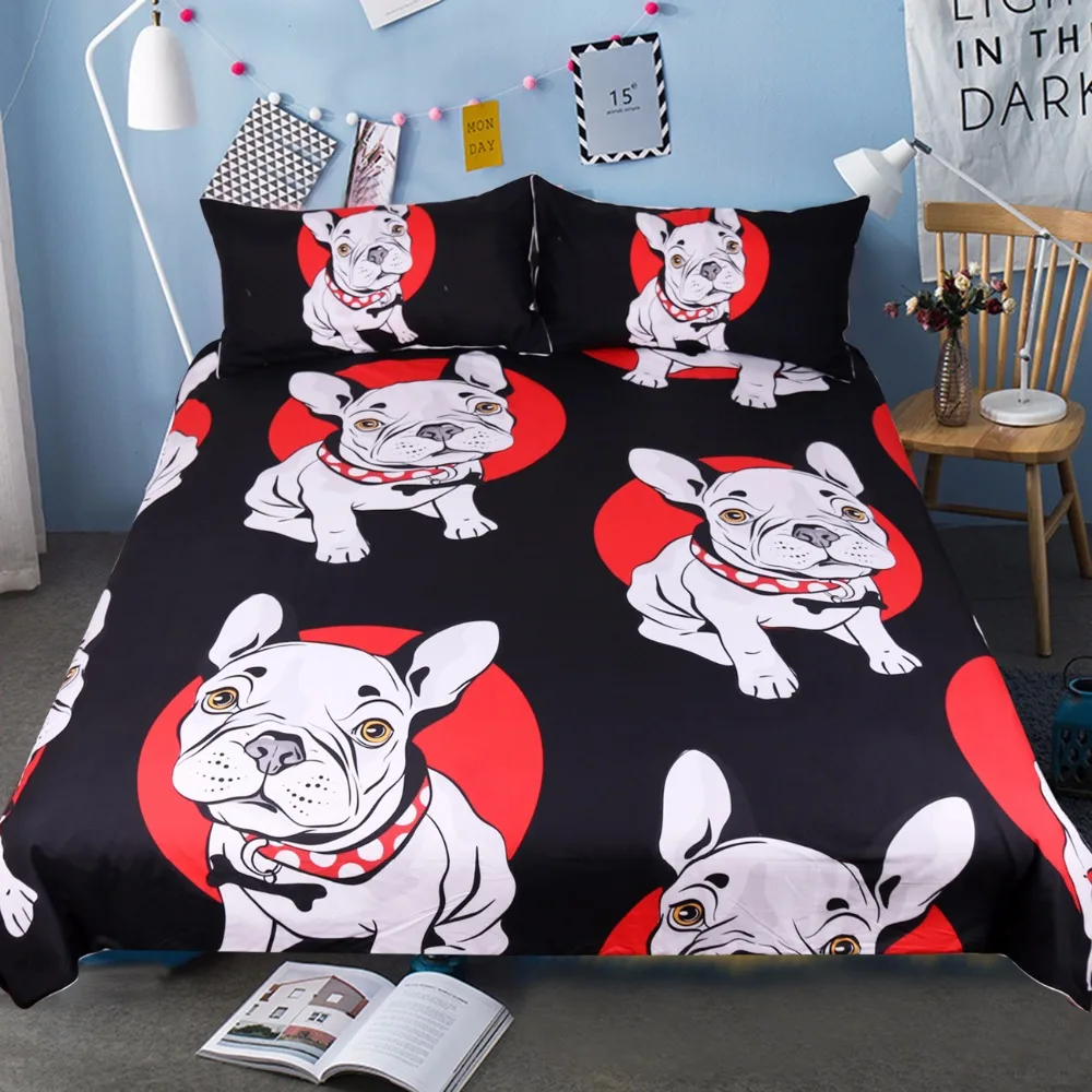 

Bulldog Bedding Set Black and Red Quilt Cover with Pillowcases Cartoon Pug Dog Home Textiles for Kids 3-Piece