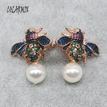 

3 pairs bee earrings with pearl earrings,natural pearl earrings mix colors retro jewels for women wholesale jewelry 5028