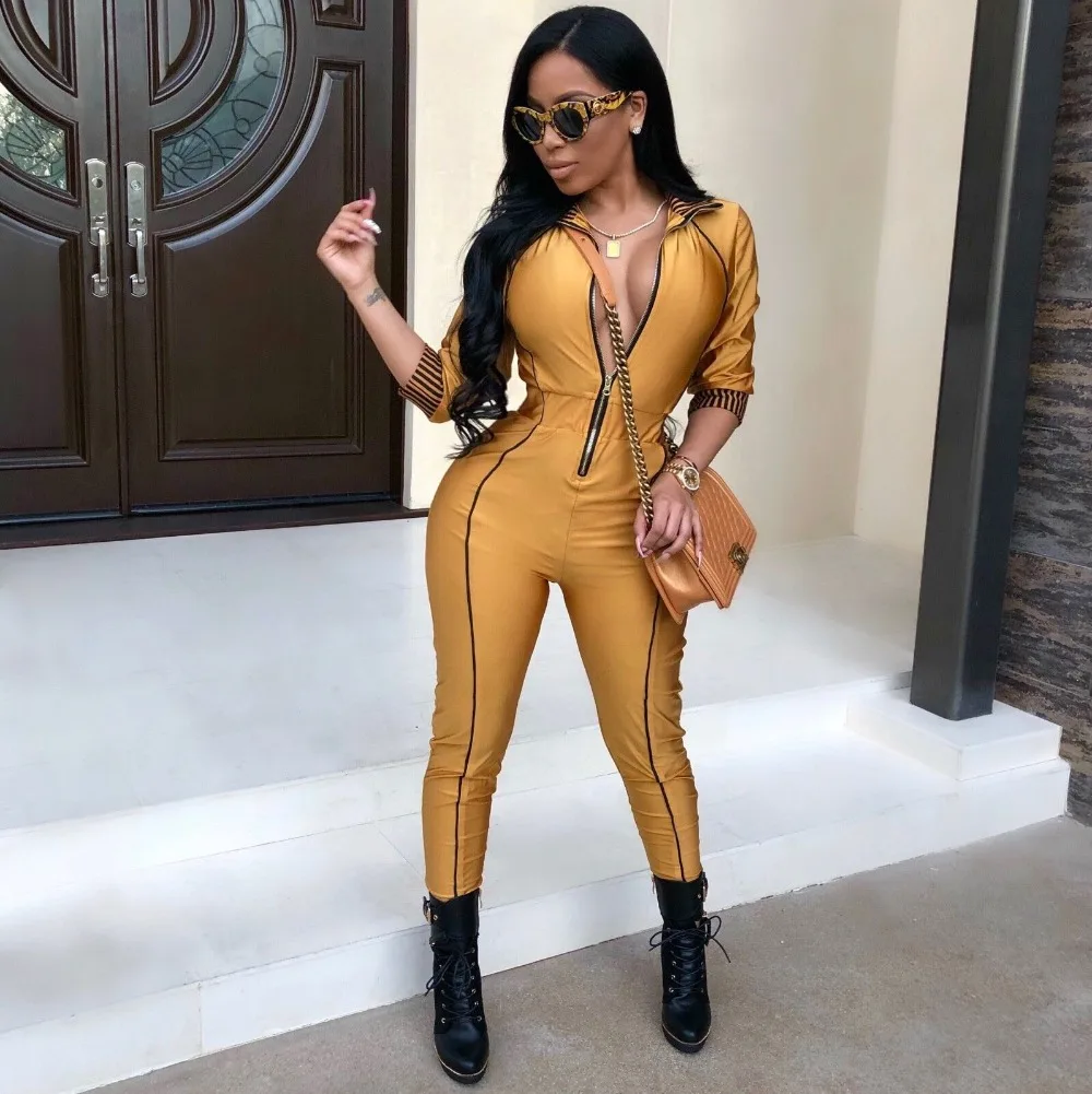 enteritos mujer Plus Size Jumpsuit Women Sexy Zipper Front V Neck Sheath Bodycon 3/4 Sleeve Solid Rompers Female Body Overalls