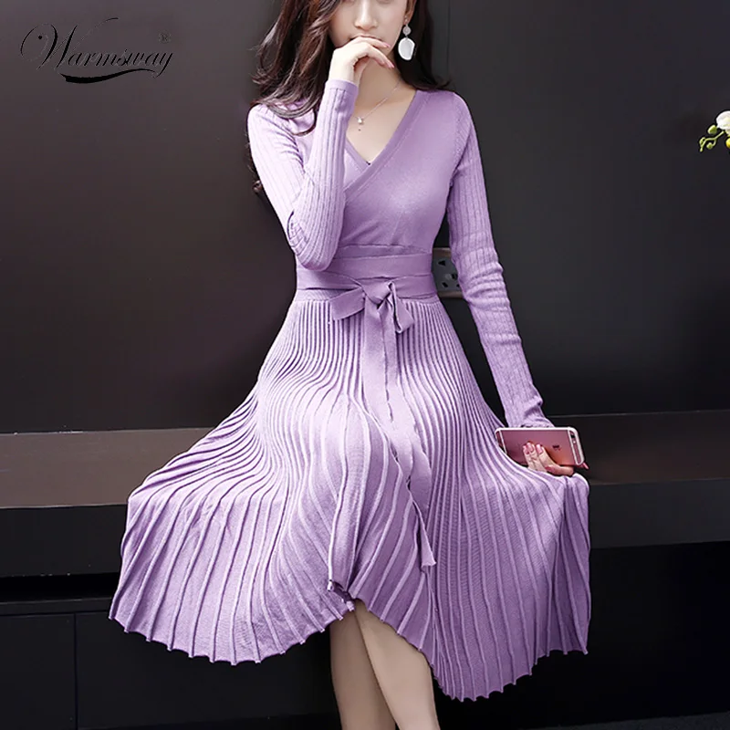 European Design Elegant Autumn Dress V-neck Women Casual Long Sleeve Knitted Dress Brand Fashion Pleated Ladies Dreses C-140