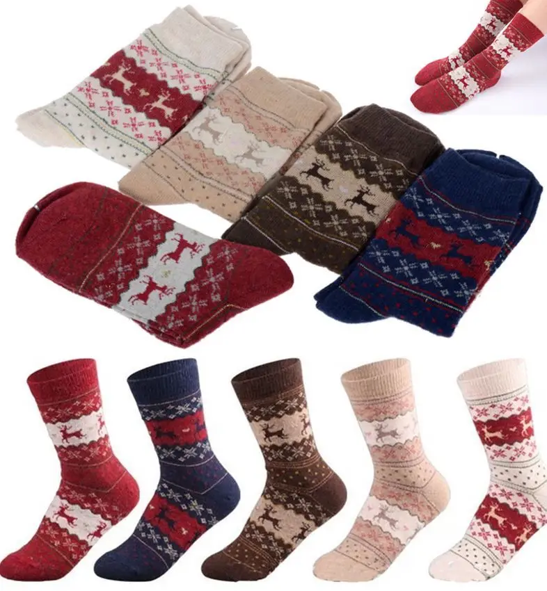 Women Winter Warm Wool Socks Christmas Gift Cute Snowflake Deer Sock
