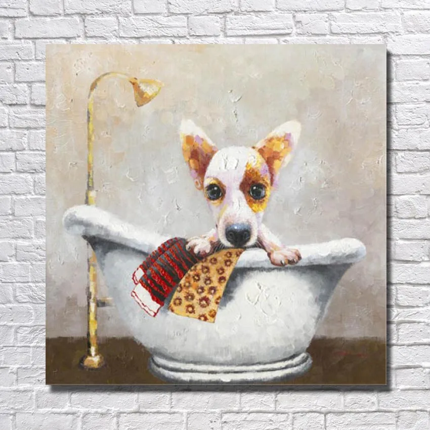 

Morden Home Wall Art Pictures Handmade Oil Painting on Canvas Animal Bathing Puppy Dog for Living Room Home Decoration No Frame