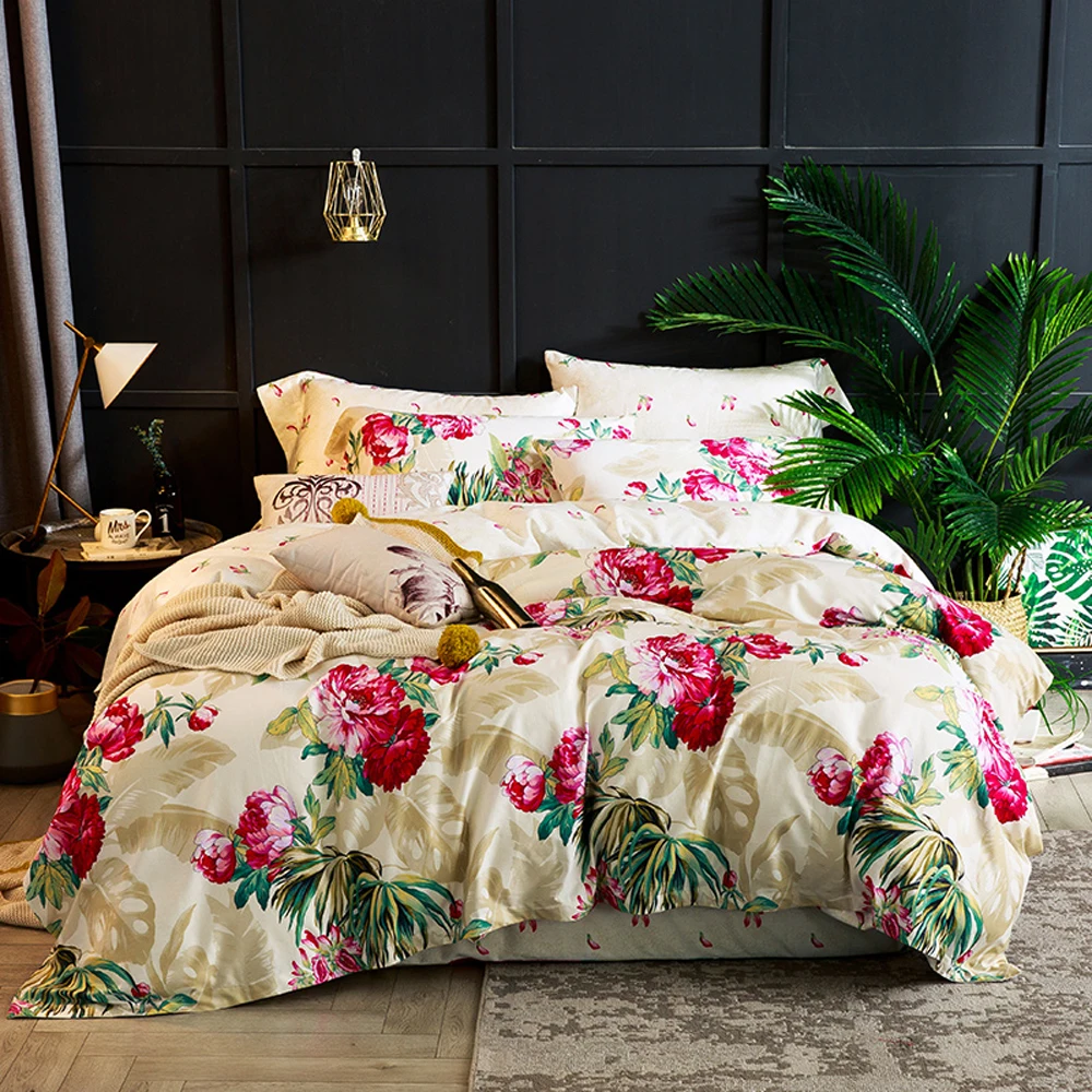 

2018 Flowers Leaves Light Tan Luxury Duvet Cover Set Soft Egyptian Cotton Bedlinens Queen King Bedding Set Sheet Pillowcases