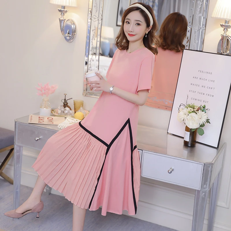 

2019 Summer Maternity Short Sleeve Knit Cotton Patchwork Pleated Chiffon Zip Lactation Dress Pregnant Women Breastfeeding Dress