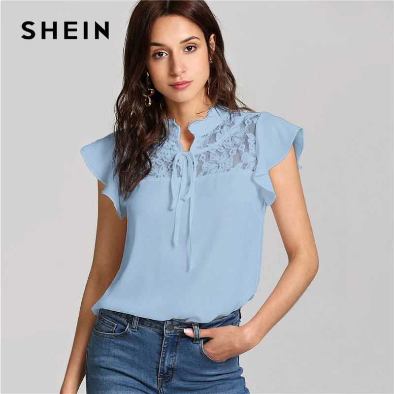 Aliexpress.com : Buy SHEIN Blue Ruffle Tie Neck Floral