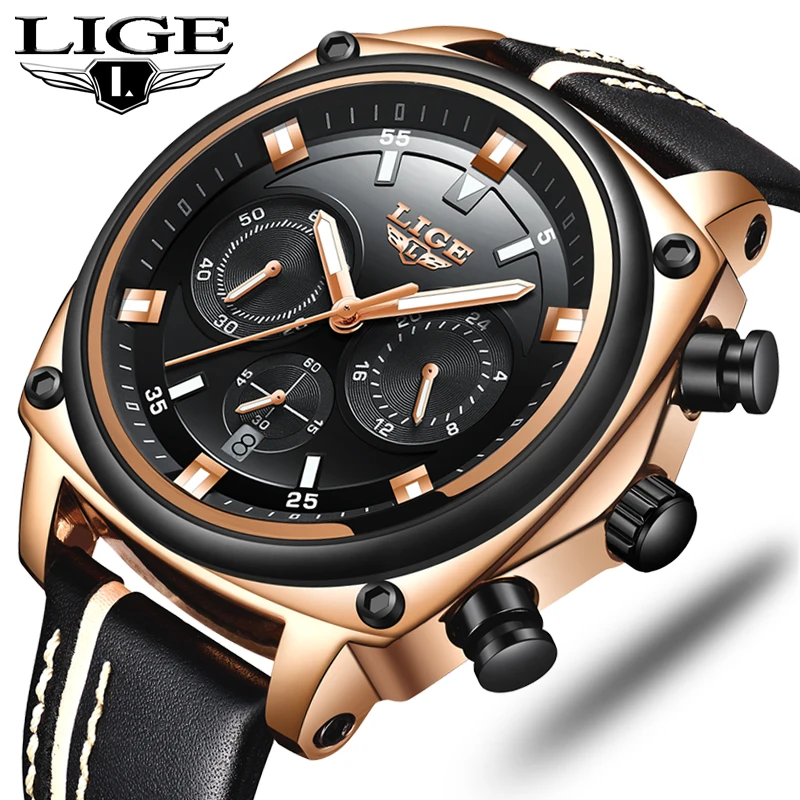 

2019LIGE New Fashion Mens Watches Top Brand Luxury Big Dial Military Quartz Watch Leather Waterproof Sport Chronograph Watch Men
