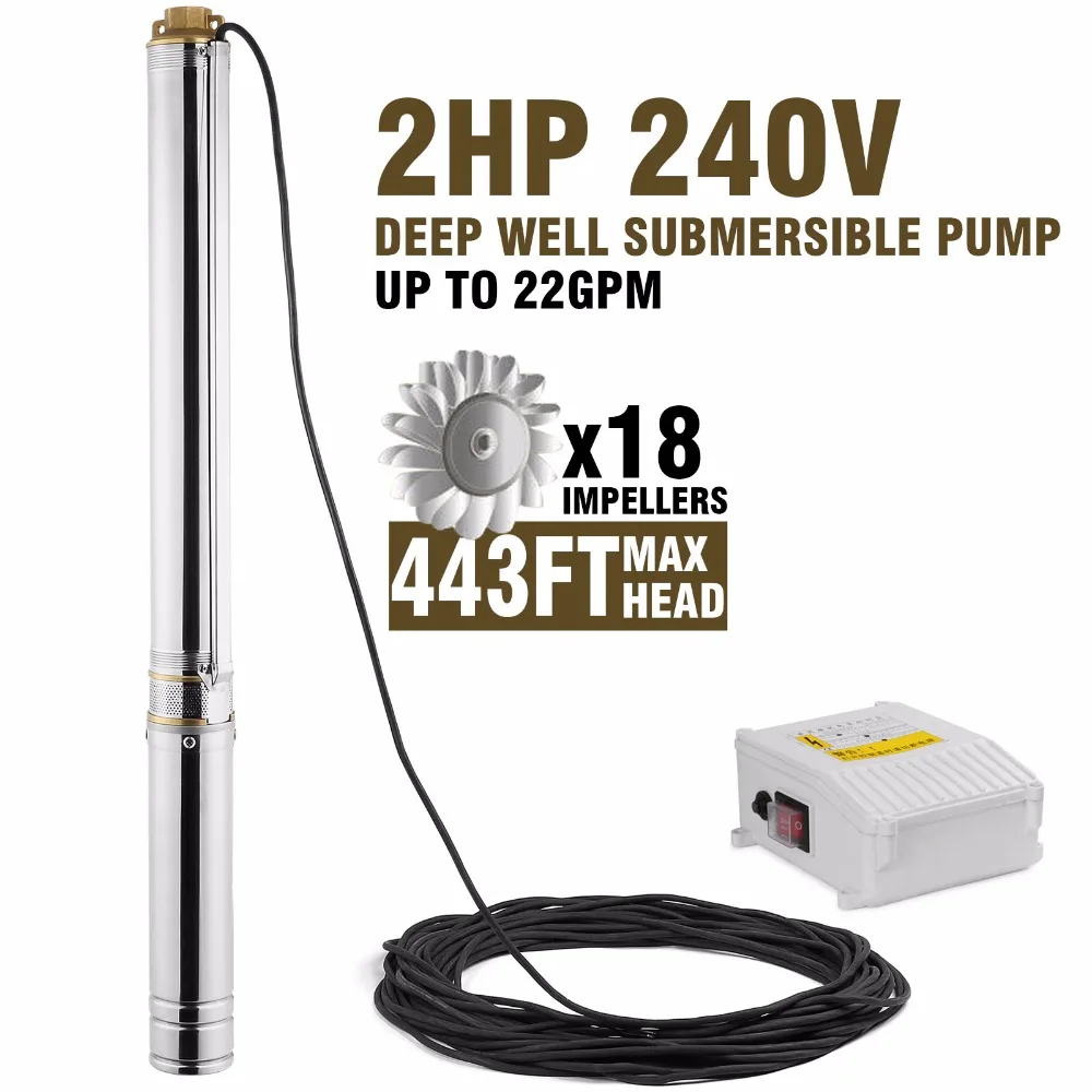 

443FT 2HP Deep Well Pump Submersible 83L/MIN Stainless Steel Underwater Bore Long Life