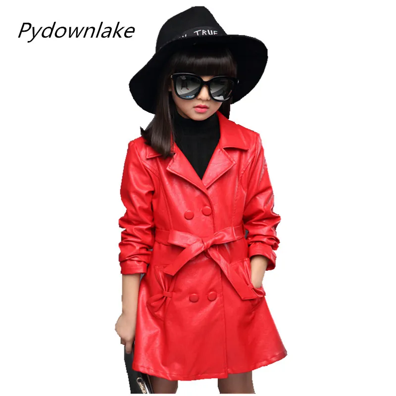 

Kids Trench Spring/Autumn 5-14Y Girls PU Leather Jacket Solid Belt Coat Double Breasted Children Windbreaker