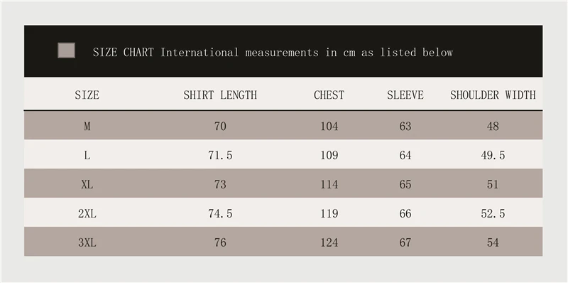 Men Clothing Size Chart