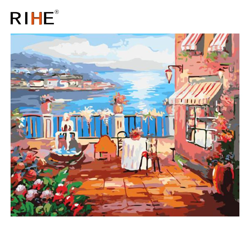

RIHE Bay Town Diy Painting By Numbers Abstract Terrace Oil Painting On Canvas Cuadros Decoracion Acrylic Wall Picture For Room