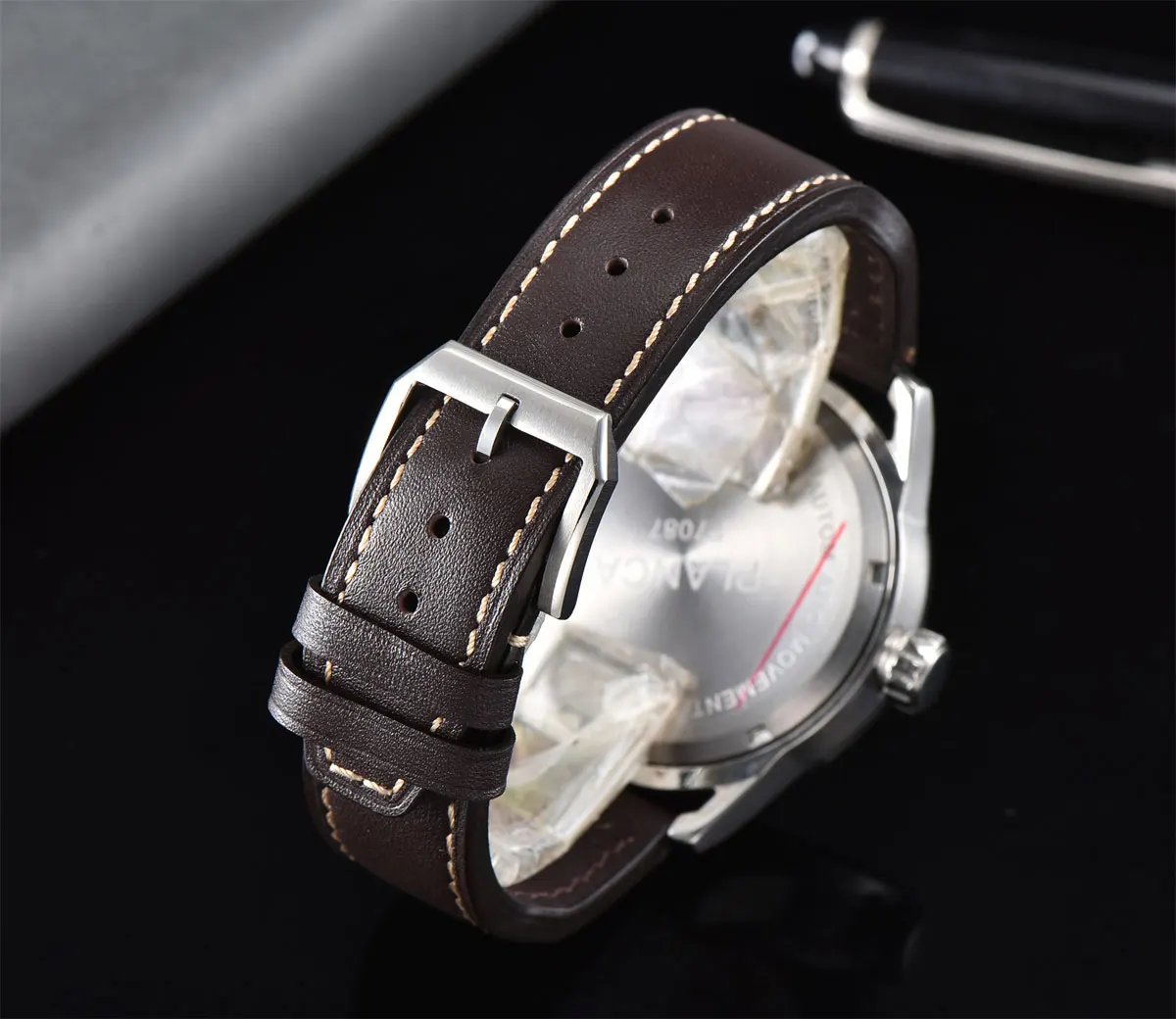 44 мм светящиеся планка черный циферблат Дата механические Автоматические Мужские часы кожаный ремешок