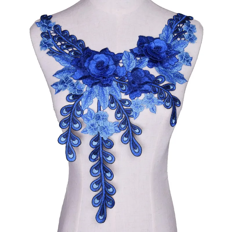 Embroidered Blue Lace Fabric Neckline Collar Applique Embroidery Sewing Patches Sewing Fabric DIY Accessories 1Pc lace fabric,sewing patches,lace sewing supplies,lace sewing accessories,lace accessories,lace garment accessories