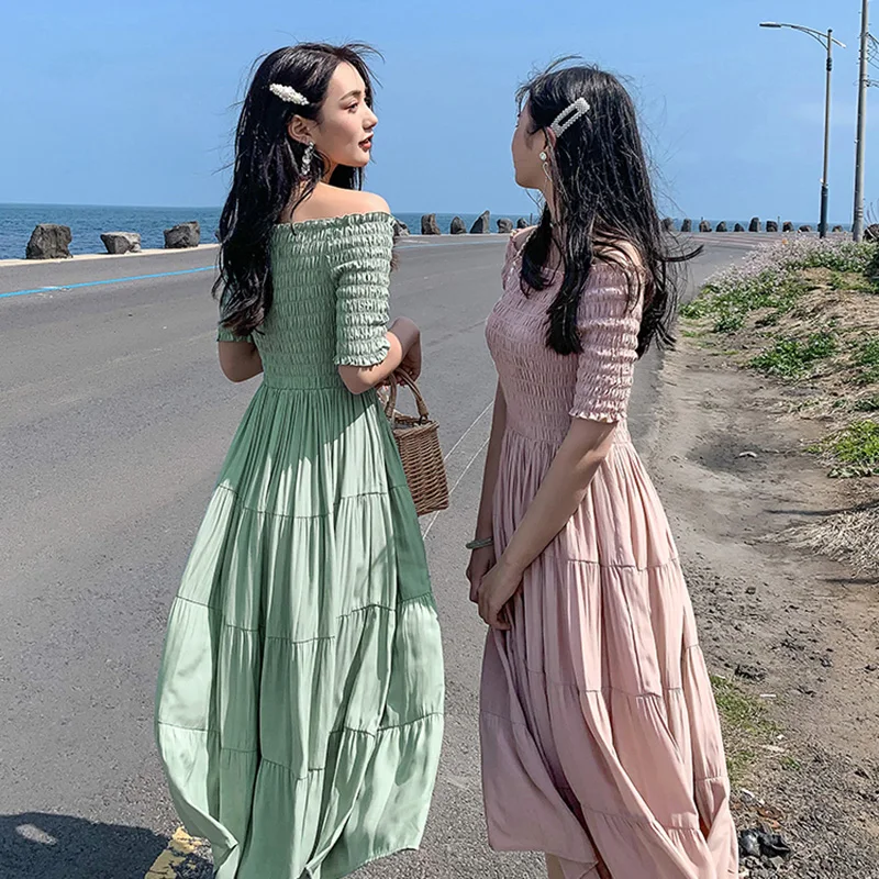 Boho Стиль длинное платье женский топ с открытыми плечами летние платья винтажное шифоновое розовое платье Vestidos De