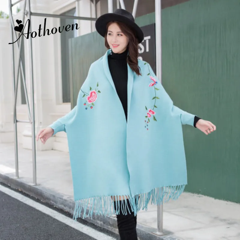 

2018 Winter Overwear Coat Women Poncho Batwing Sleeve Flower Embroidery Poncho Cashmere Cardigans Sweater Cape Cloak Shawl