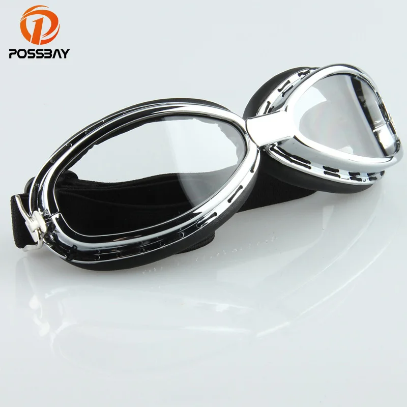 POSSBAY Motorcycle Goggles Clear Lens Ski Goggles Retro Pilot Glasses